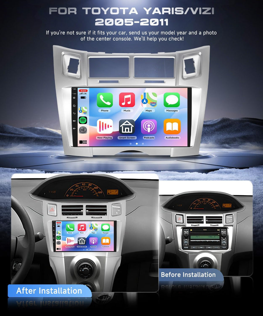 Autoradio 2G+64G Android 15 pour Toyota Yaris/Vizi 2005-2011, 9'' IPS HD 1280*720P Écran Tactile Stereo Auto avec 5G WiFi Carplay Android Auto sans Fil Bluetooth 5.0 EQ FM RDS Radio USB Caméra