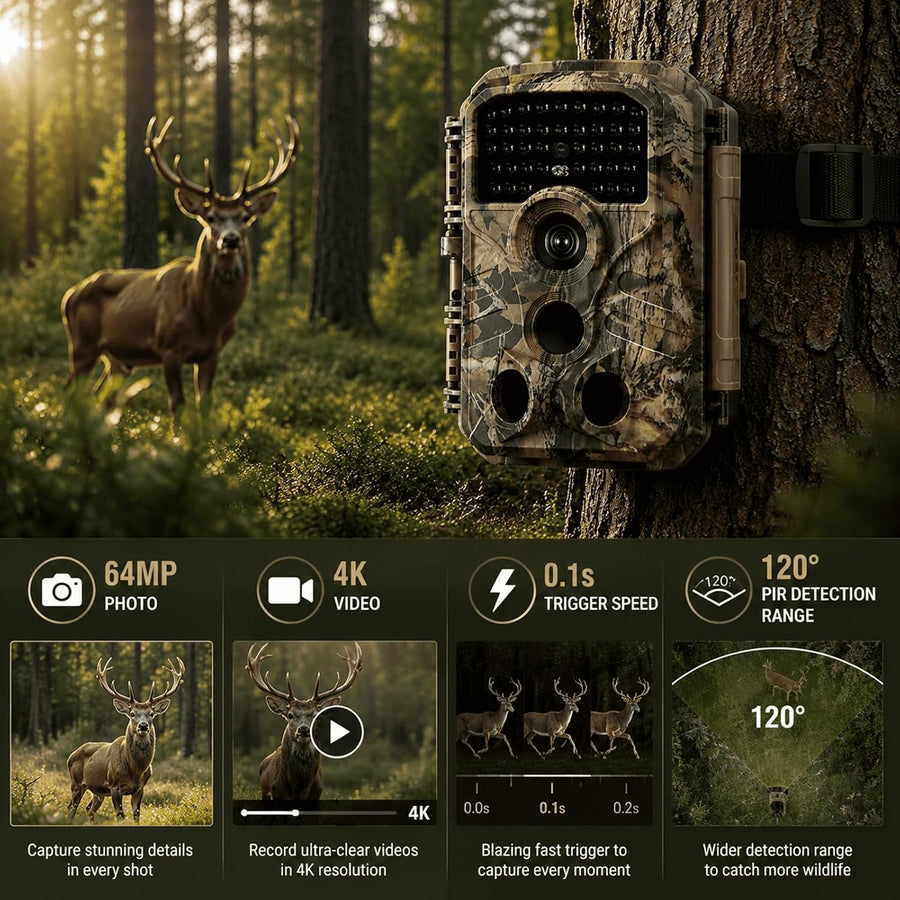 BlazeVideo T306 Caméra de chasse 64MP 4K - Temps de déclenchement de 0,1s PIR 120° Vision Nocturne IP66 étanche - Piège photo avec time-lapse & enregistrement en boucle pour chasse, observation