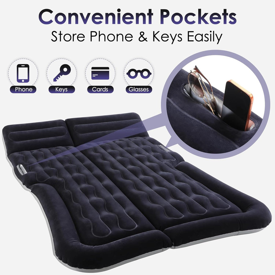 Matelas gonflable de voiture pour SUV et berline, lit de siège arrière gonflable à 4 zones avec 4 valves, matelas de camping de voiture avec masque pour les yeux, bouchons d'oreille