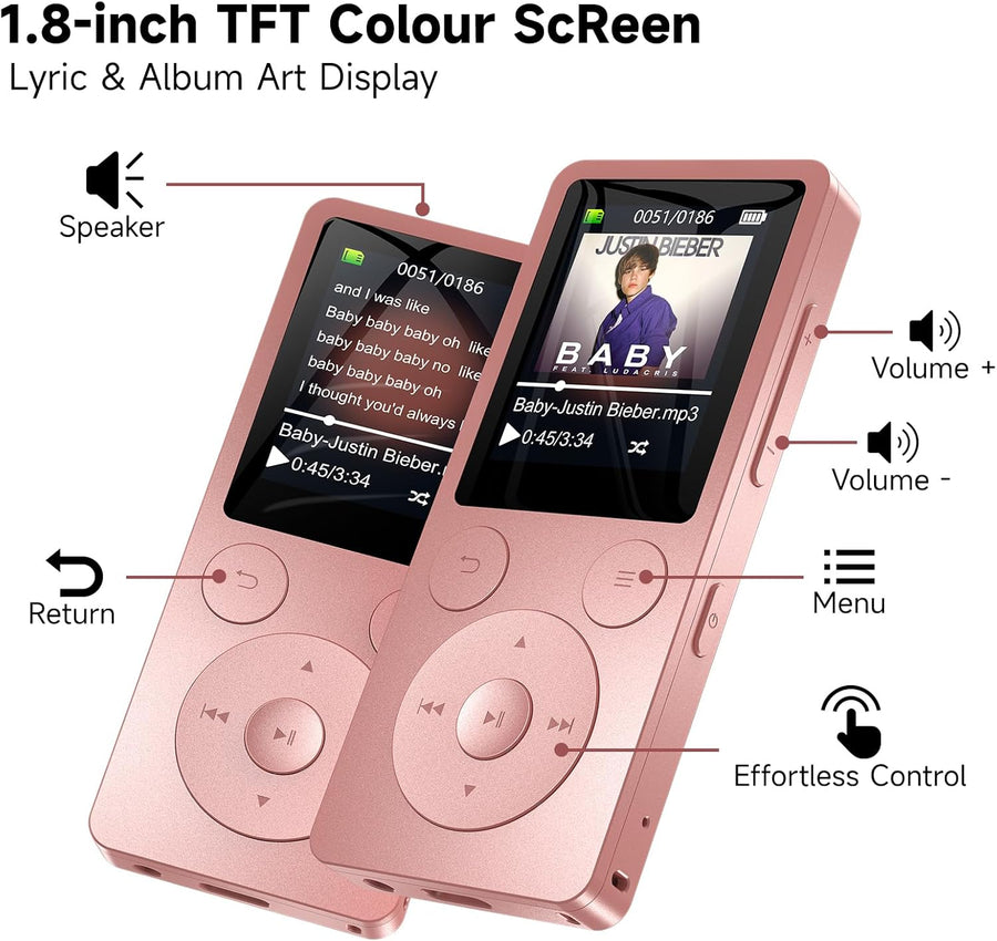 Lecteur MP3 32Go Bluetooth 5.3 - Baladeur Portable 37g avec Boutons Physiques, Haut-Parleur, Radio FM, Enregistreur Vocal, Extension 128 Go Max, Idéal pour Sport, Voyage, Enfants (Écouteurs Inclus)