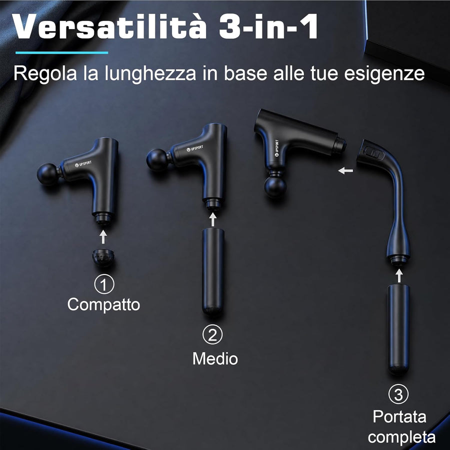 Pistolet de Massage Dos 50cm pour Auto-Massage&Massage Tissus Profonds pour Récupération,Design 3 Sections,Force 7kg Percussion Turbo,4 Têtes,Silencieux,Charge Type-C