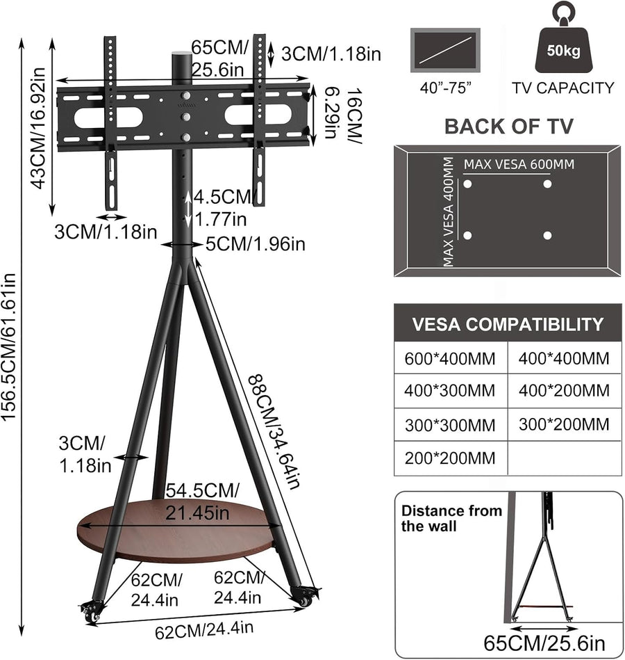 Support TV Roulant 40 à 75 Pouces, Charge Max 50 kg, réglable en Hauteur avec roulettes et étagère