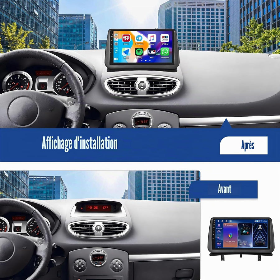 Autoradio 4 Go + 64 Go Android 15 pour Renault Clio 3 2005-2014 avec CarPlay Android Auto Mirror Link – Écran Tactile 9 Pouces Voiture, WiFi Bluetooth 5.0 FM/RDS 32EQ USB avec Caméra de recul