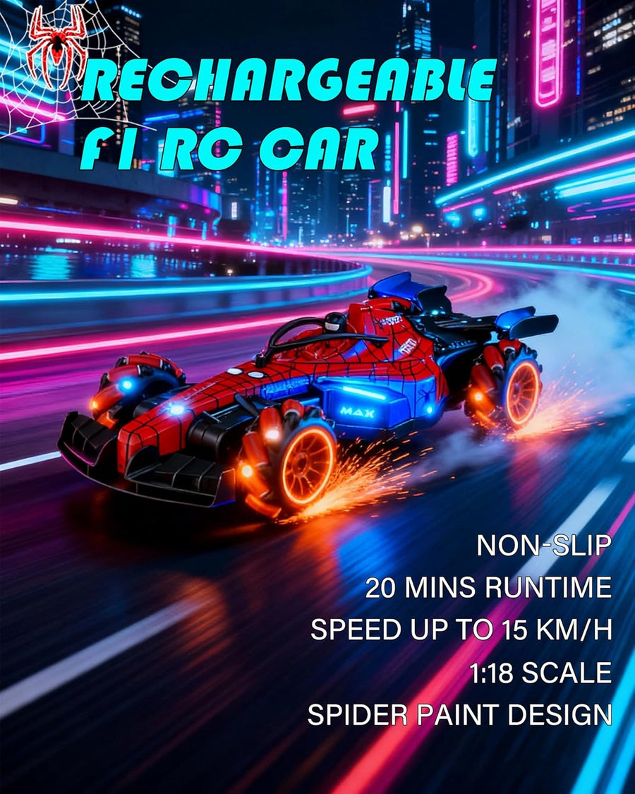 Voiture Radiocommandée Enfant – Voiture RC Rechargeable 4x4 Drift, Échelle 1:18 Design F1 Motif Araignée, Rotation 360°, avec Effet de Vapeur, Sons et Lumières LED, Télécommande 2.4GHz