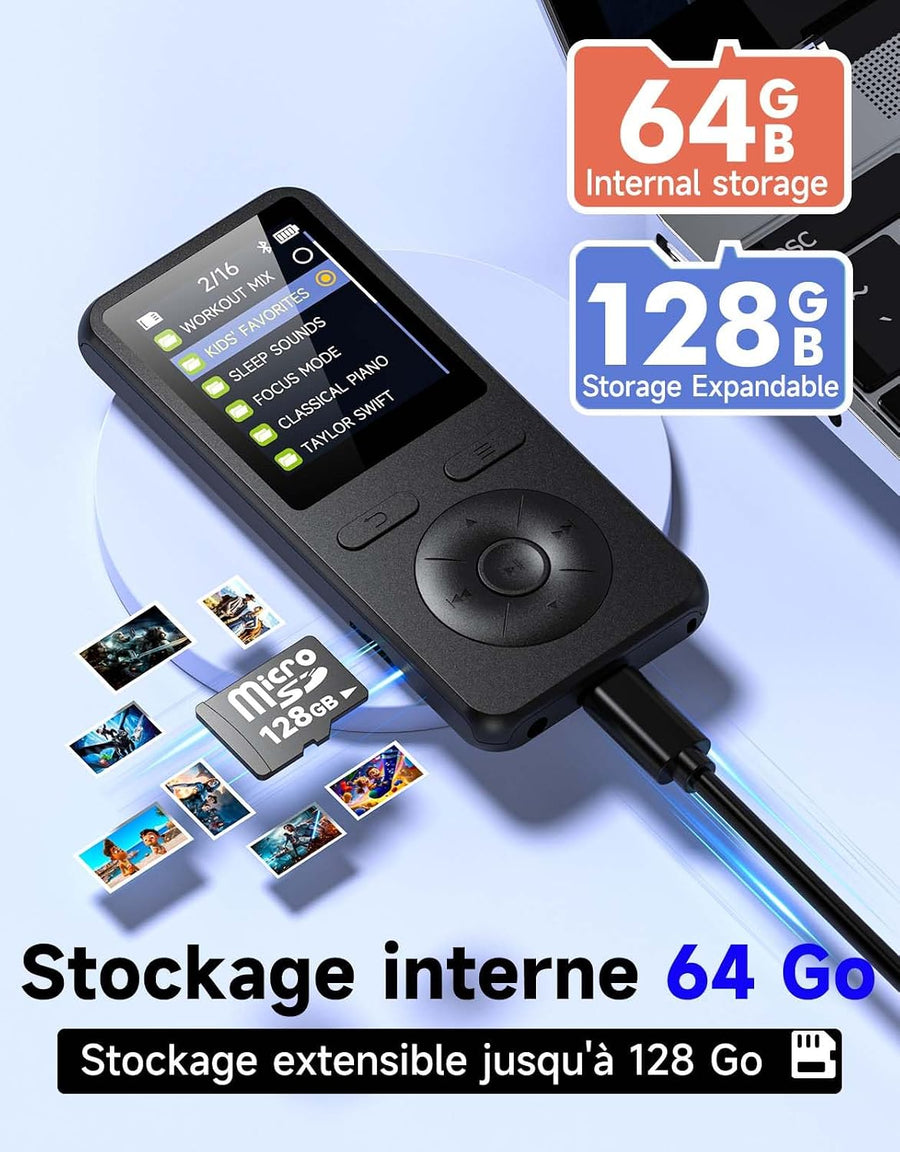 Lecteur MP3 64Go avec Bluetooth 5.3, Haut-Parleur intégré, Bouton Physique lecteur de musique portable, qualité sonore HiFi, fonction d'enregistrement radio FM,Carte mémoire extensible jusqu'à 128 Go