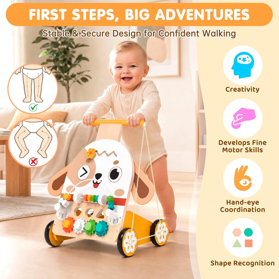 Chariot de Marche en Bois Chien avec Cube d'Activités 6 en 1 Centre d'activités 6 en 1 avec labyrinthe, engrenages, formes, horloge et spinner pour varier les jeux