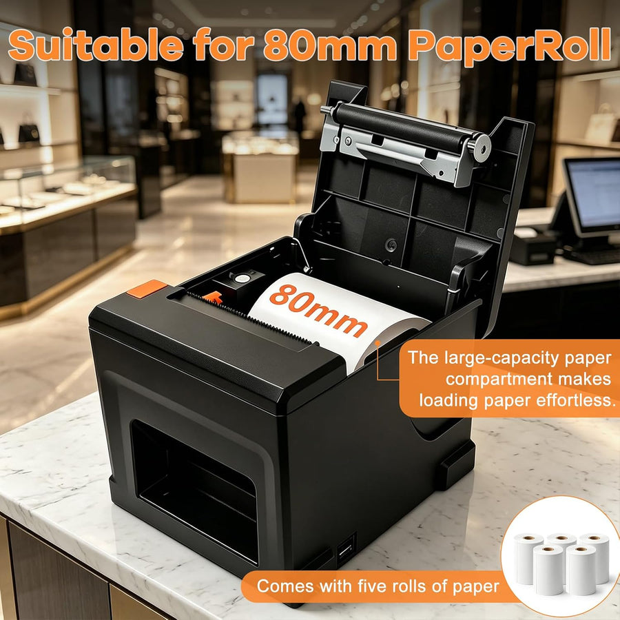 Imprimante de reçus 80 mm - Imprimante d'étiquettes d'expédition - USB & Bluetooth & LAN - 220 mm/s - Avec 5 rouleaux de papier - Pour restauration et vente au détail, prise en charge ESC/POS