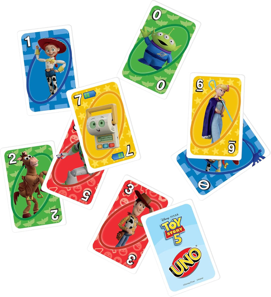 Mattel Games UNO Toy Story 5 de Disney · Pixar avec cartes inspirées des films pour les soirées jeu en famille, les fêtes entre amis, les voyages, Boîte de rangement, 2-10 joueurs 7+