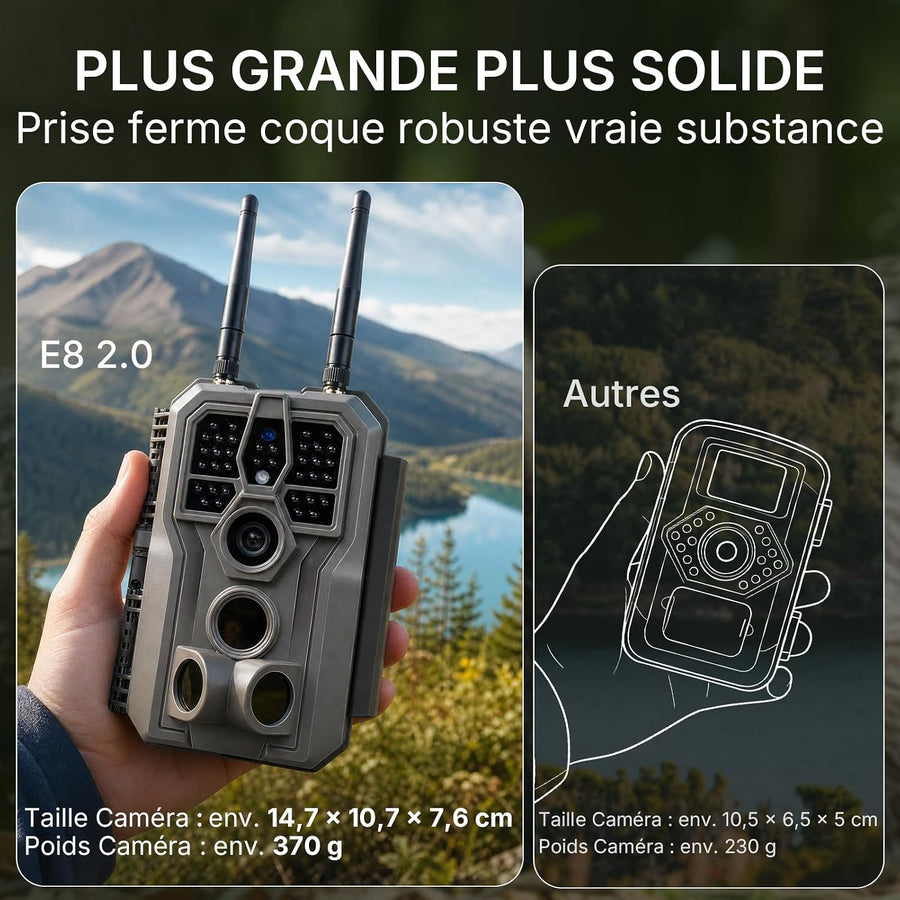 GardePro E8 2.0 4K Camera de Chasse WiFi, Portée WiFi de 50 Mètres 64MP H.265 Caméra de Chasse Connectée Telephone, Camera Vision Nocturne Animaux Exterieur, IR Invisible No Glow 940nm, IP66