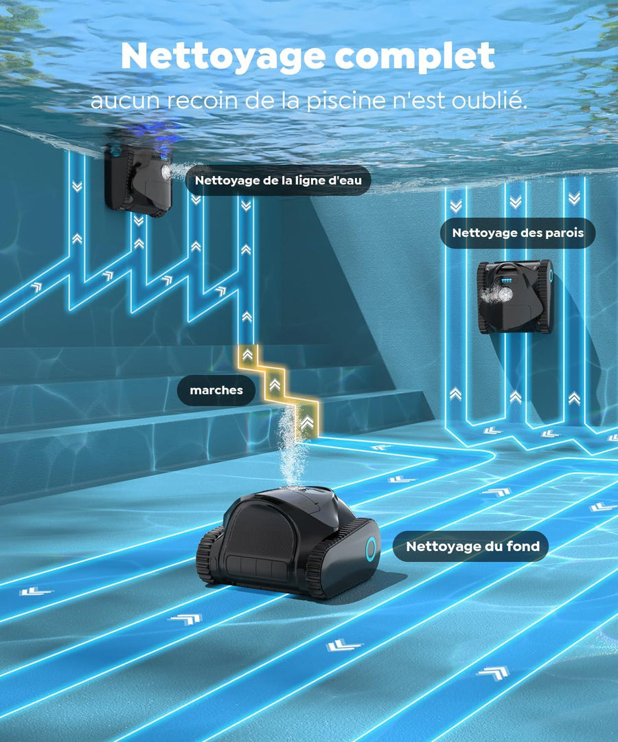Robot de Piscine Fond et Parois, Ligne d'eau, Double Filtre, Robot Piscine sans Fil, 7 Modes de Nettoyage, 180 Min d'Autonomie, Puissant Aspirateur pour Piscines jusqu'à 150 m² VERT ou BLEU