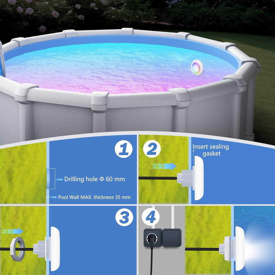 Projecteur Piscine LED 25W avec Filetage 2", 12V RGB Spot pour Piscines Hors-Sol Acier, Contrôle APP et Dimmable, Étanche IP68 Eclairage Lampe Remplie Résine pour Piscines avec Câble 9,5 m
