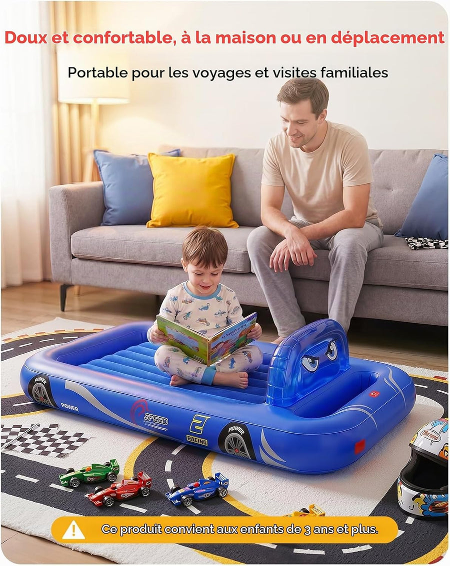 Matelas gonflable pour enfants, motif tente de voiture de course, à partir de 3 ans, BLEU