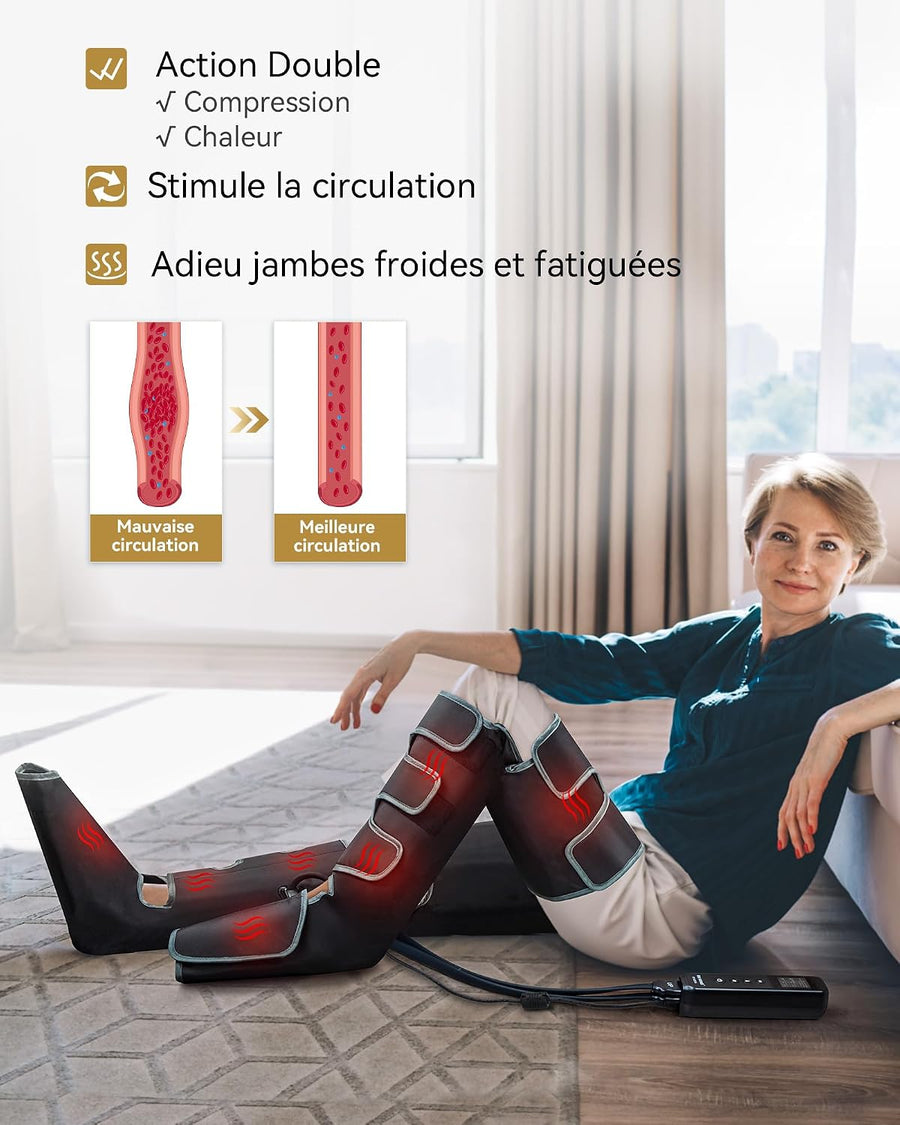 Masseur de jambes pour pieds, mollets, cuisses et chaleur 3 modes et 3 intensités pour soulager les tensions au quotidien et détendre les muscles des jambes