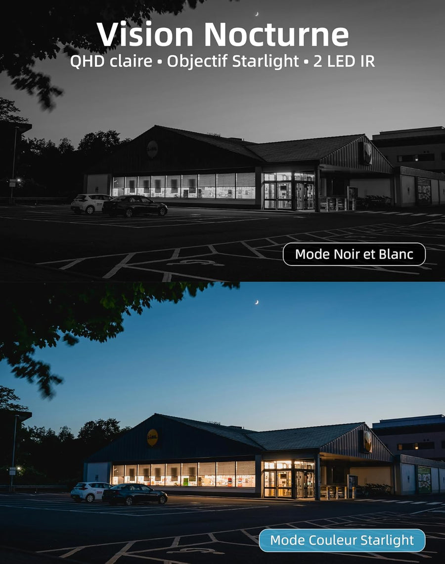 Camera Surveillance 2K WiFi Exterieure sans Fil, Batterie et Panneau Solaire 3W Intégrés, Vision Nocturne Couleur Starlight, Détection PIR, Audio Bidirectionnel