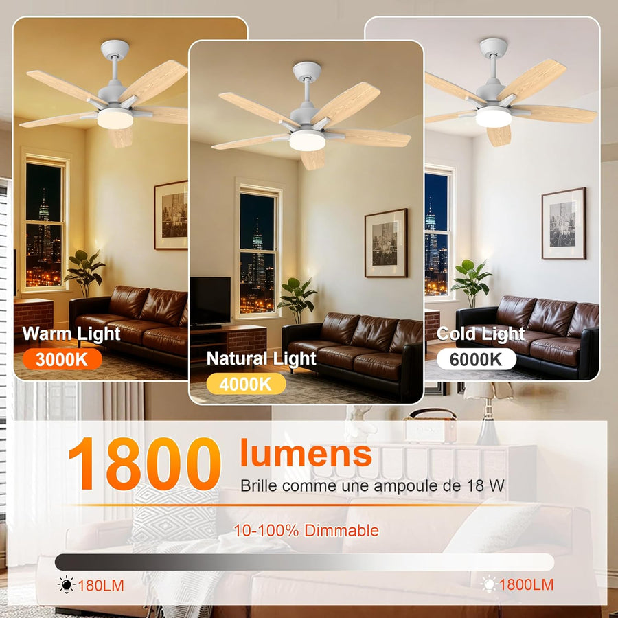 Ventilateur de Plafond avec Lumière et Telecommande, 106cm LED Lampe Ventilateur Plafond Dimmable Lampe Intégrée, 6 Vitesses, Silencieux Pales Effet Bois (Blanc+bois Clair)