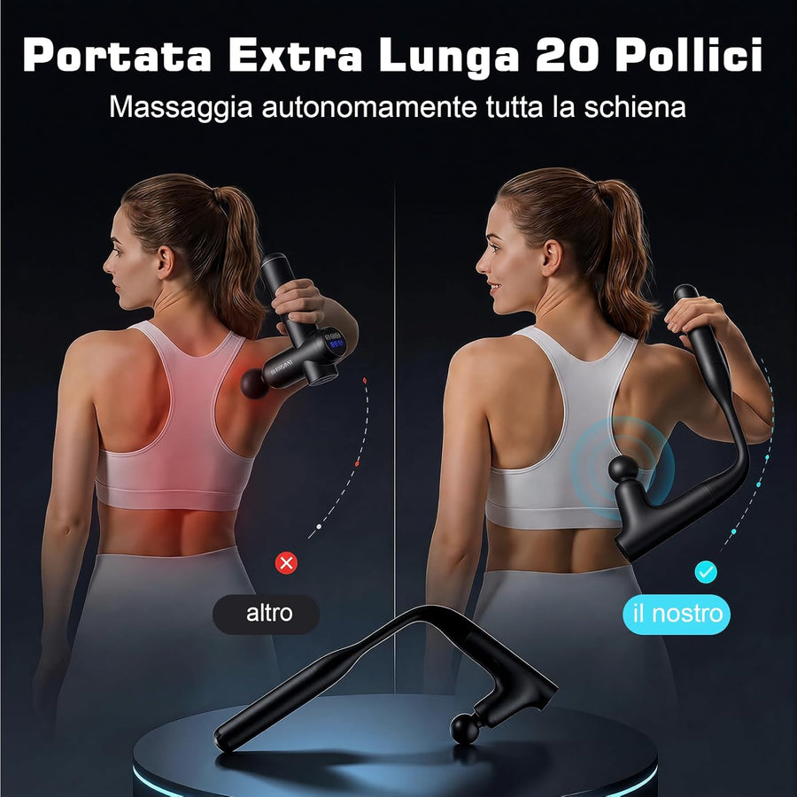 Pistolet de Massage Dos 50cm pour Auto-Massage&Massage Tissus Profonds pour Récupération,Design 3 Sections,Force 7kg Percussion Turbo,4 Têtes,Silencieux,Charge Type-C