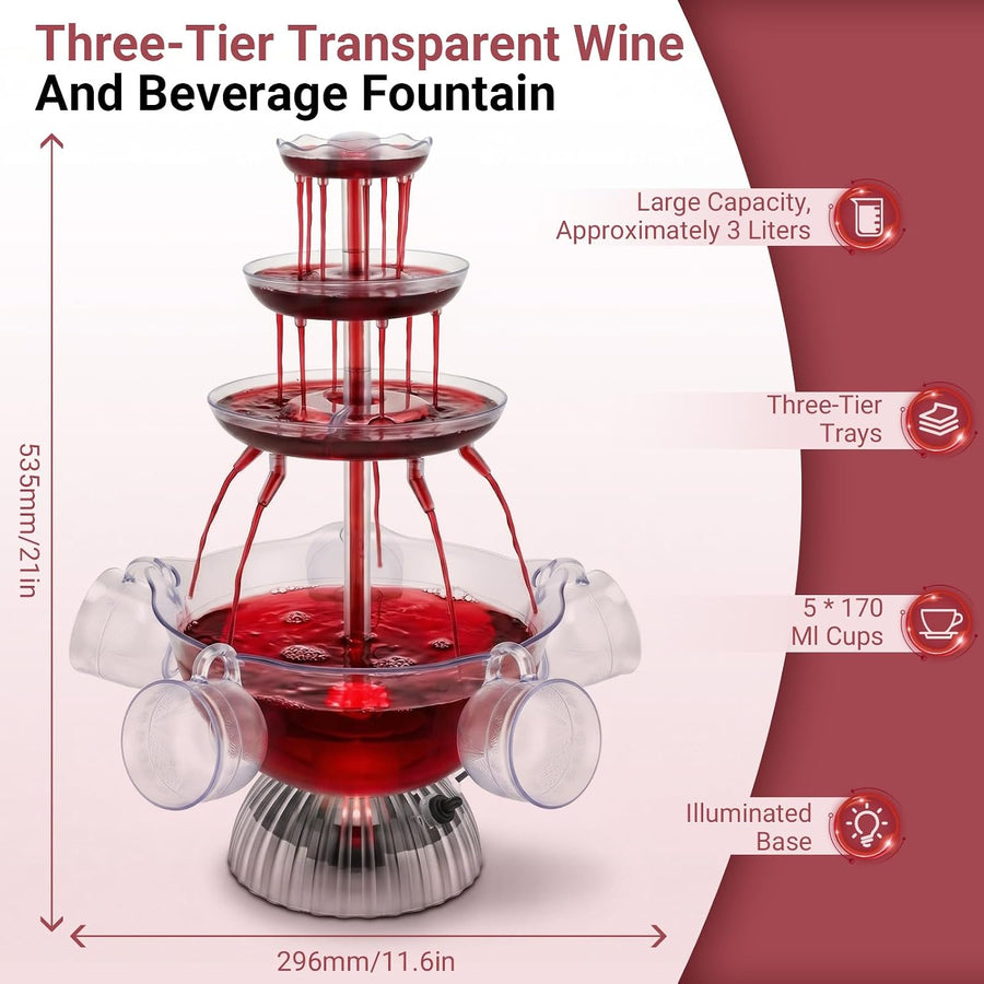 Fontaine de Fête 3 Niveaux avec LED et 5 Verres, pour Vin Rouge Jus Punch 4L Fontaine à Boissons Électrique, Réutilisables Fontaine à Vin Rouge pour Pubs, Fêtes à la Maison et Fêtes d'Anniversaire