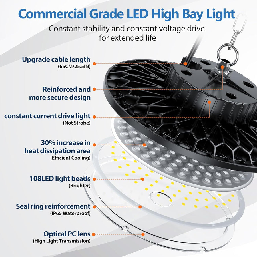 Projecteur LED Industriel - 2 Pack 100W 10000LM High Bay Eclairage Atelier avec Transformateur, IP65 Étanche Plafonnier LED, 6500k Blanc Froid Lampe Atelier pour Garage