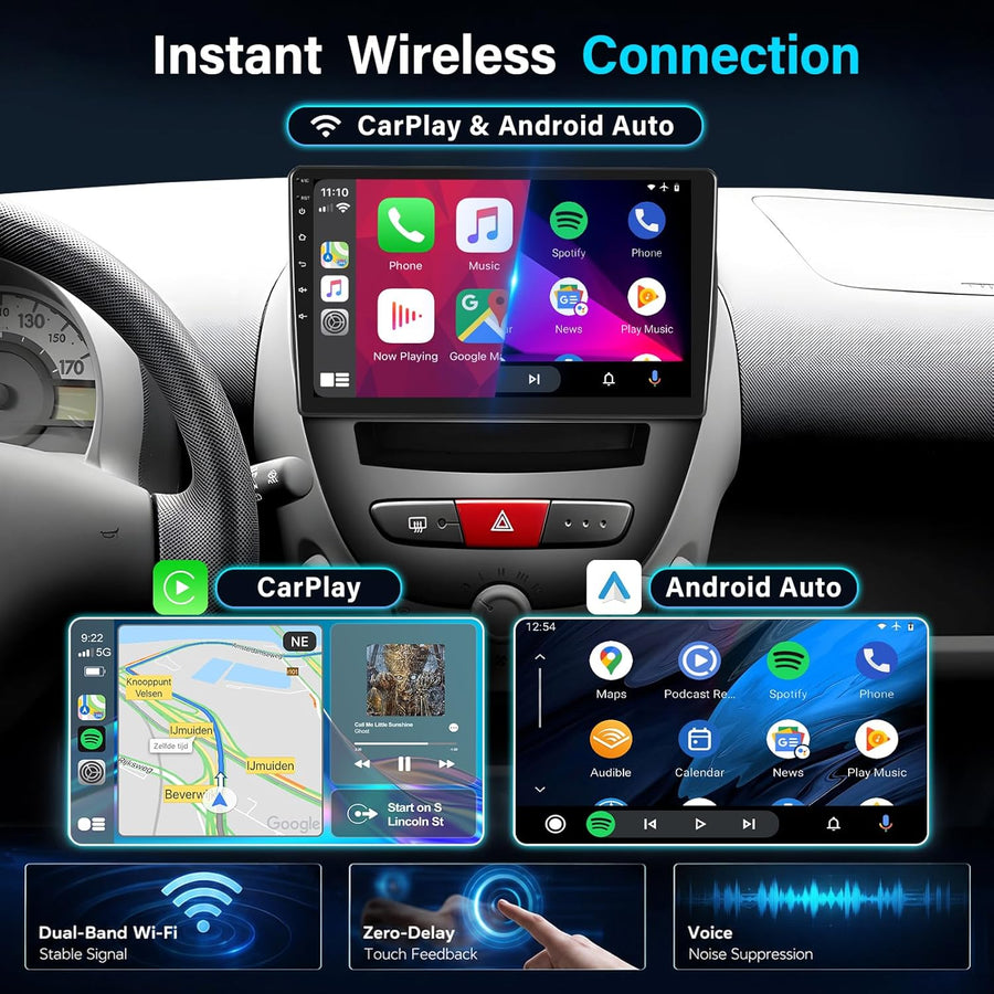 Autoradio pour Toyota Aygo/Peugeot 107/Citroen C1 Année 2005-2014, 2GB+64GB 10,1 Pouces Écran avec Kit Façade & Canbus, Supporte CarPlay Android Auto sans Fil, Caméra de Recul, SWC