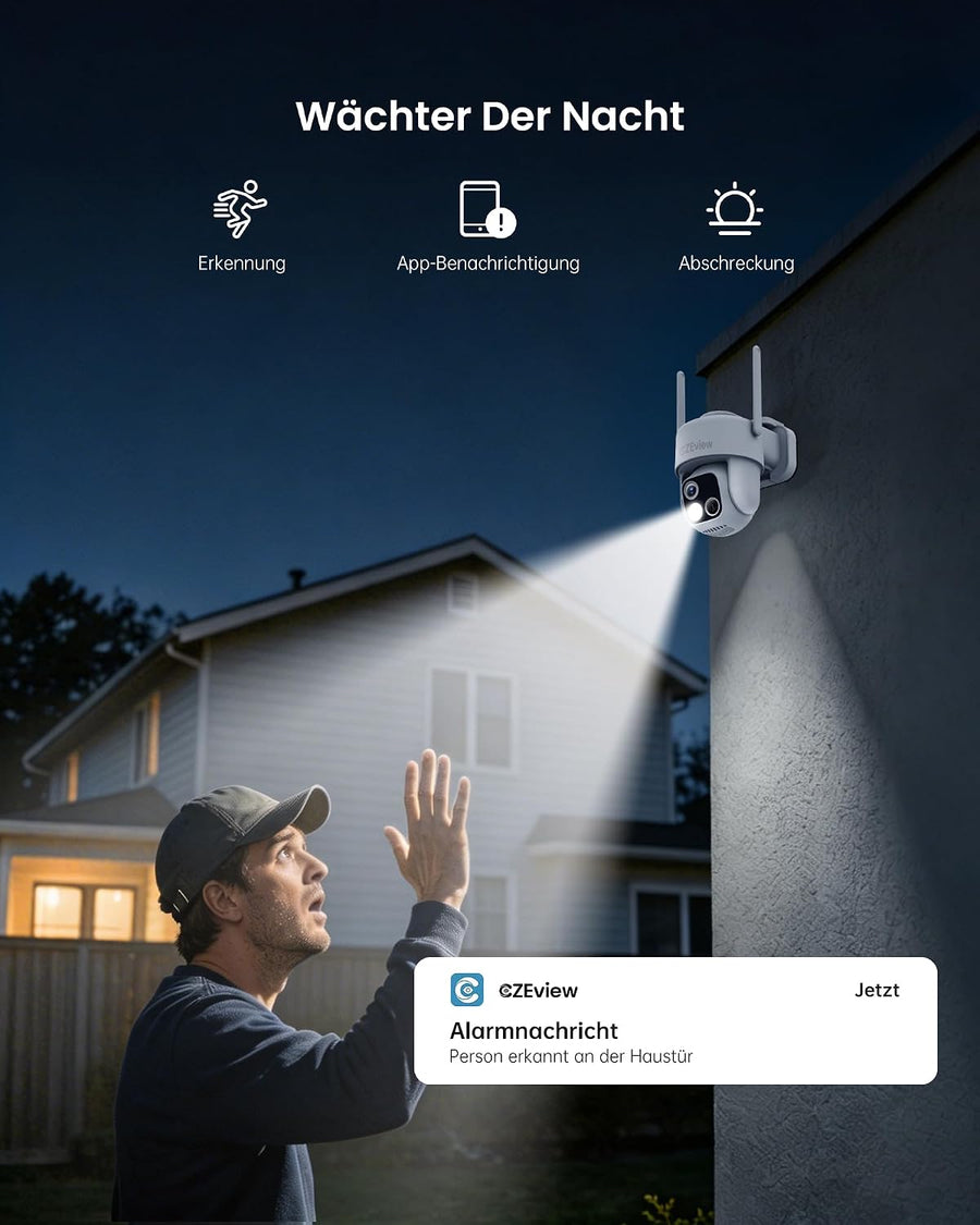 Camera 3K Surveillance WiFi Extérieure Solaire sans Fil, 18x Zoom, Double Objectif, Enregistrement Vidéo Continu, 360°PTZ, Suivi Automatique, Détection 30m, Vision Nocturne, IP65, 2.4GHz