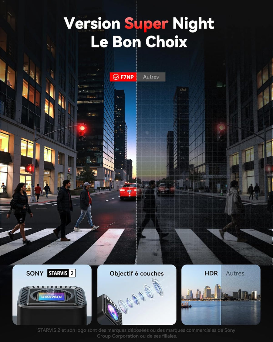Caméra de tableau de bord de voiture avant et arrière 4K/2,5K avec STARVIS 2, écran IPS 3,18", WiFi 5,8 GHz, GPS, grand angle WDR 170°, sans carte SD, prend en charge 512 Go max (F7NP-N)