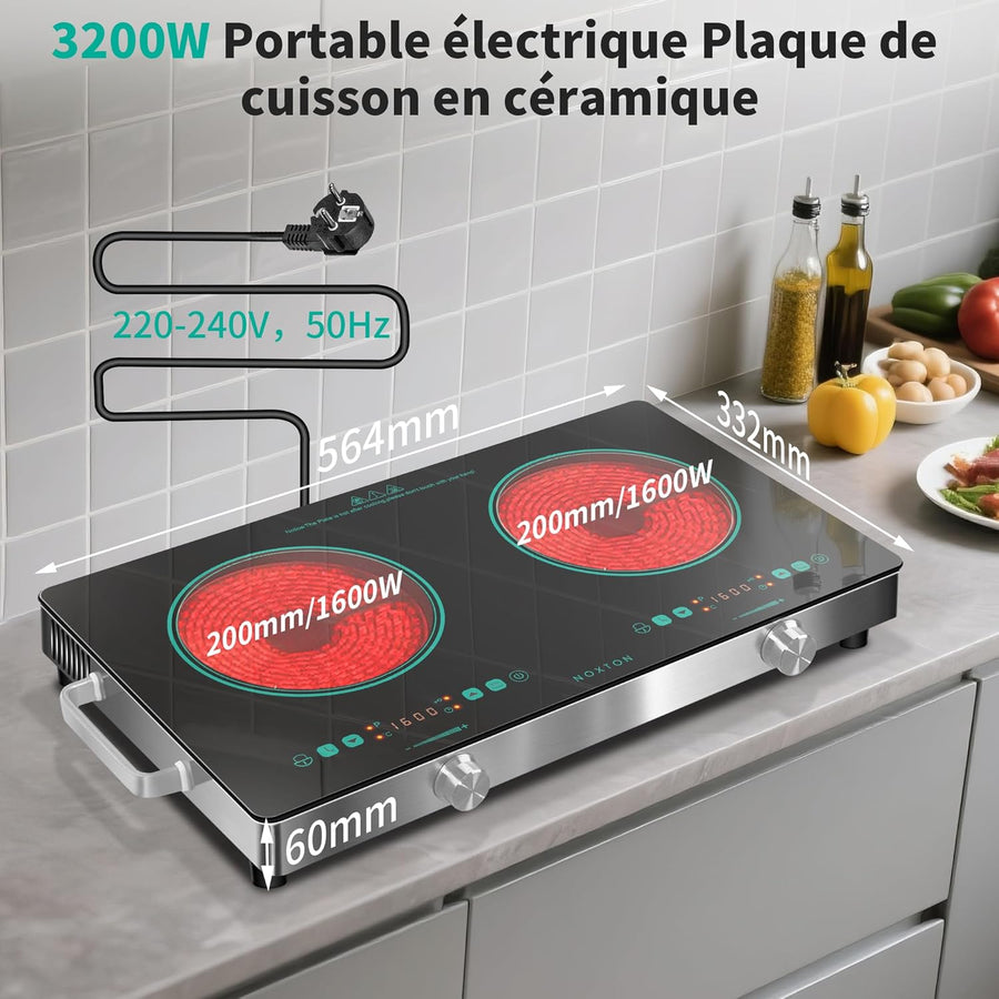Plaque vitrocéramique 2 feux portable vert menthe, plaque vitrocéramique 2 feux indépendante avec poignée, plaque 2 feux, minuterie, sécurité enfants, 220-240 V, 3200 W