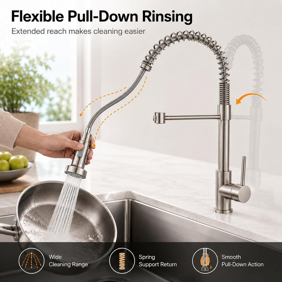 Robinet de cuisine extractible haute pression, mitigeur 360° avec douchette et tuyau à ressort, robinet d’évier en acier inoxydable pour évier et casseroles