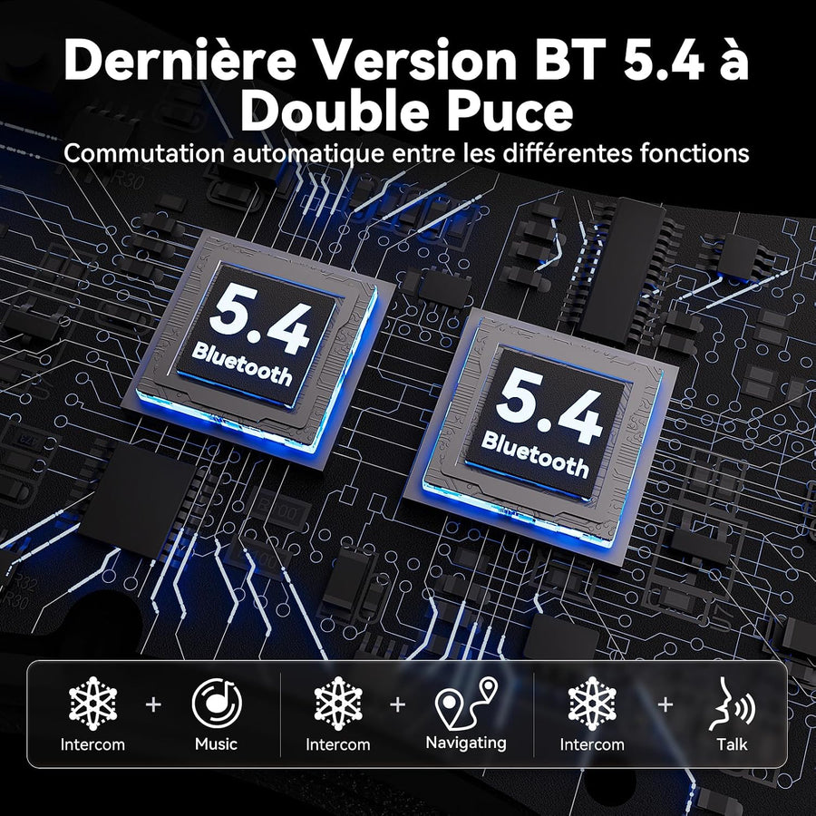 N2 Intercom Moto Bluetooth, 2 Motards 1000m Système de Communication | Kit Main Libre Moto Bluetooth 5.4, Multitâche Audio, Réduction de Bruit DSP/CVC, Partage de Musique, Batterie 1000mAh, IP67