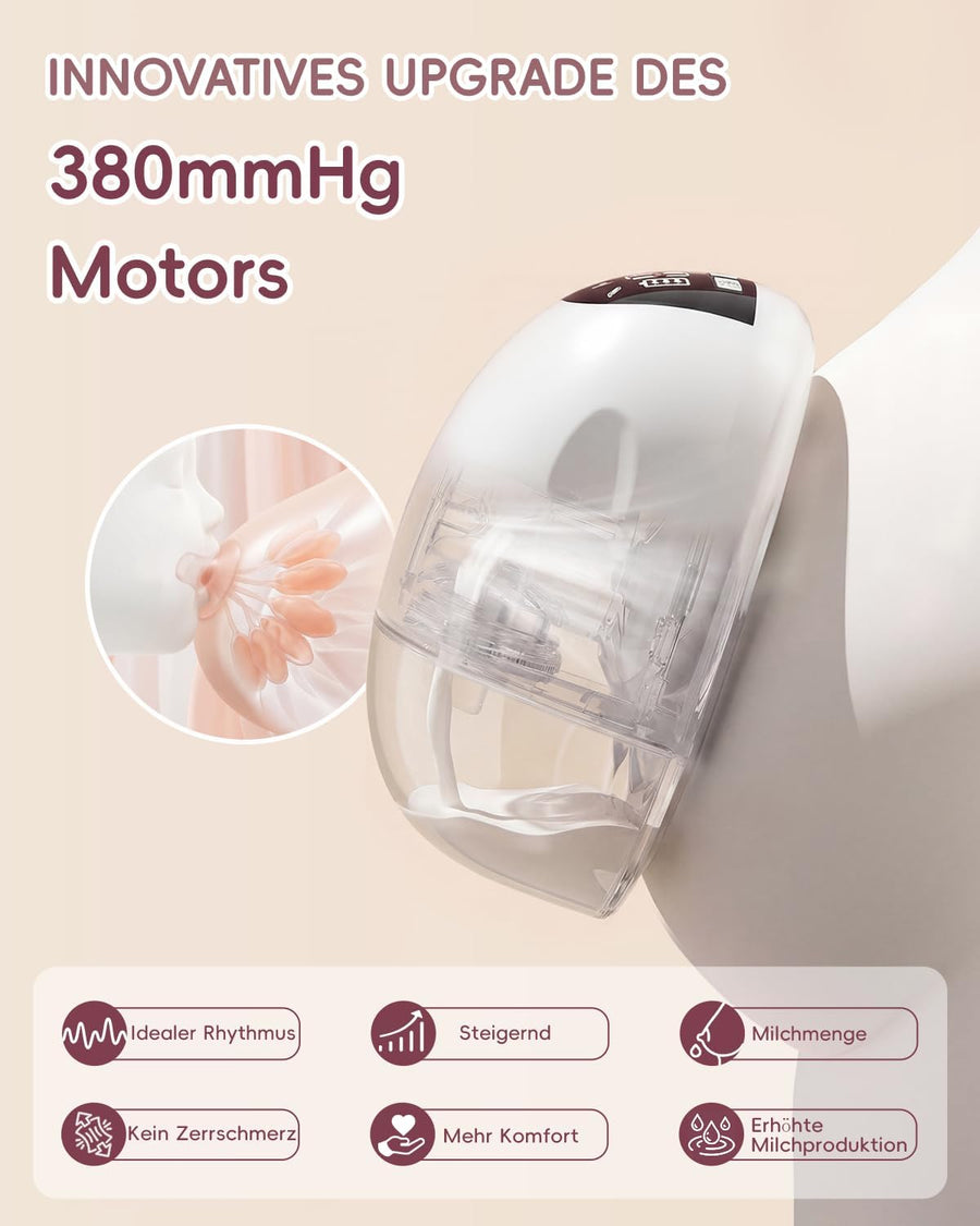 Tire Lait Electrique Main Libre, 4 Modes & 9 Niveaux, 380mmHg Aspiration Puissante, Tire Lait Portable avec Affichage LED, Sans BPA, avec Bride de 17/19/21/24 mm