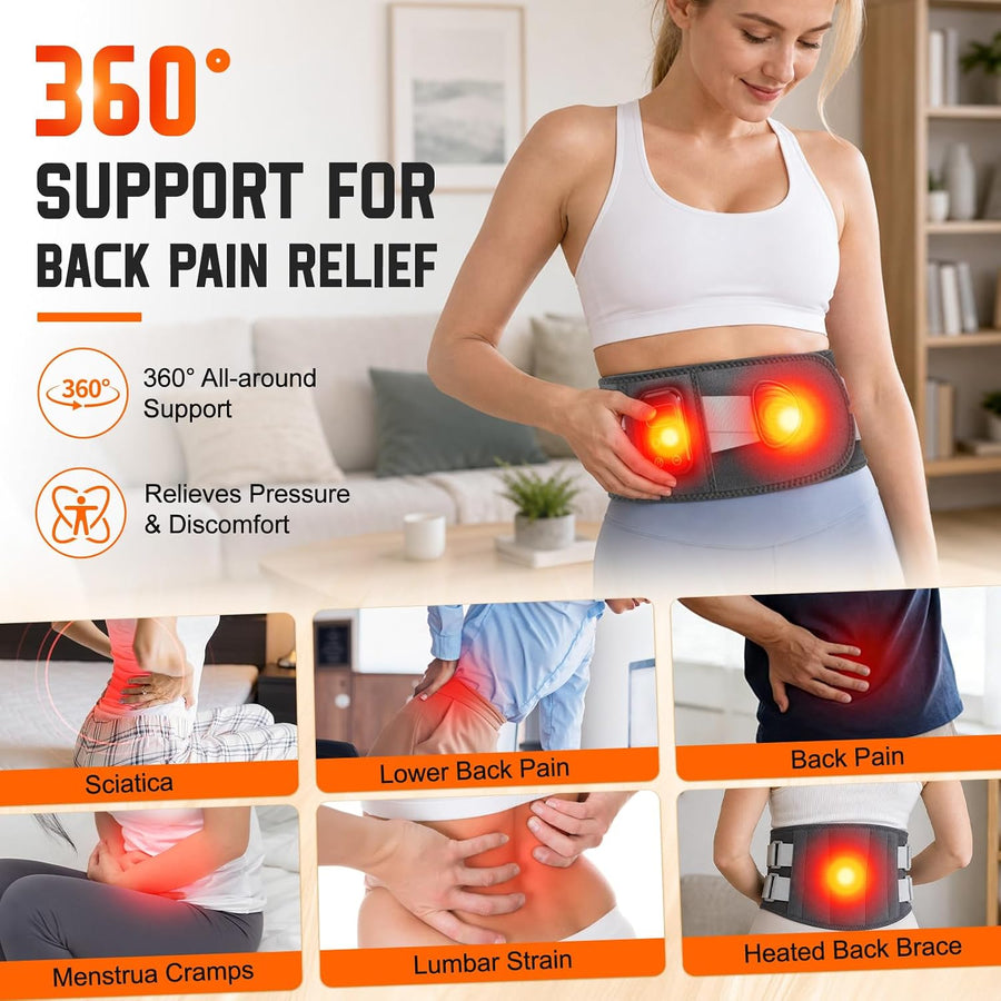 Ceinture chauffante pour le dos, coussin chauffant, masseur sans fil avec 5 modes de massage et 5 niveaux de chaleur, batterie 2000 mAh, arrêt automatique, pour soulager les maux de dos