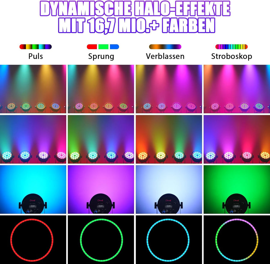 Projecteur LED DMX, 18x10W RGBW Silencieux Lumiere de Scene avec Anneau RGB, Jeux de Lumiere Eclairage avec Son Activé et Stroboscope, Lampe Disco pour Soiree