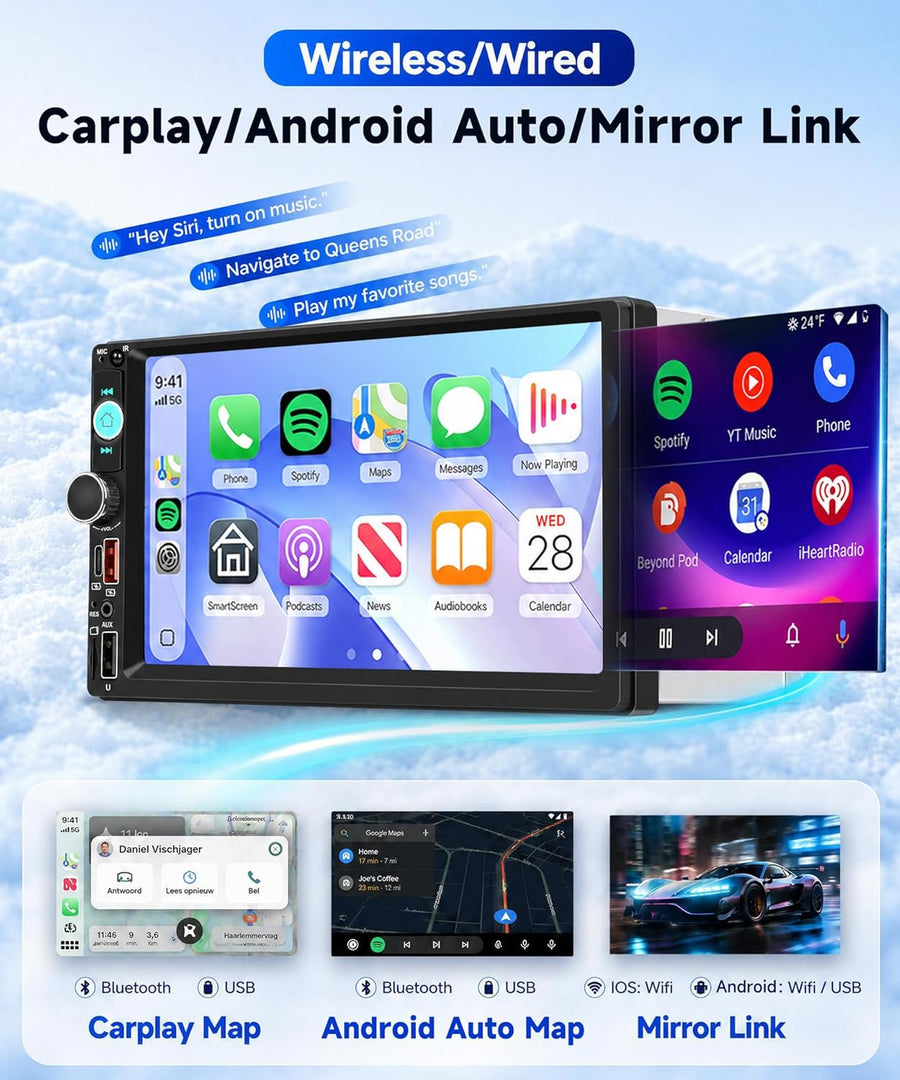 Autoradio Dab+/Dab 2 din Carplay sans Fil Android Auto avec Écran de 7 Pouces, Poste Radio Voiture Bluetooth Ecran Tactile avec Sortie Vidéo/RDS/FM/USB/AUX/TF+Caméra de Recul