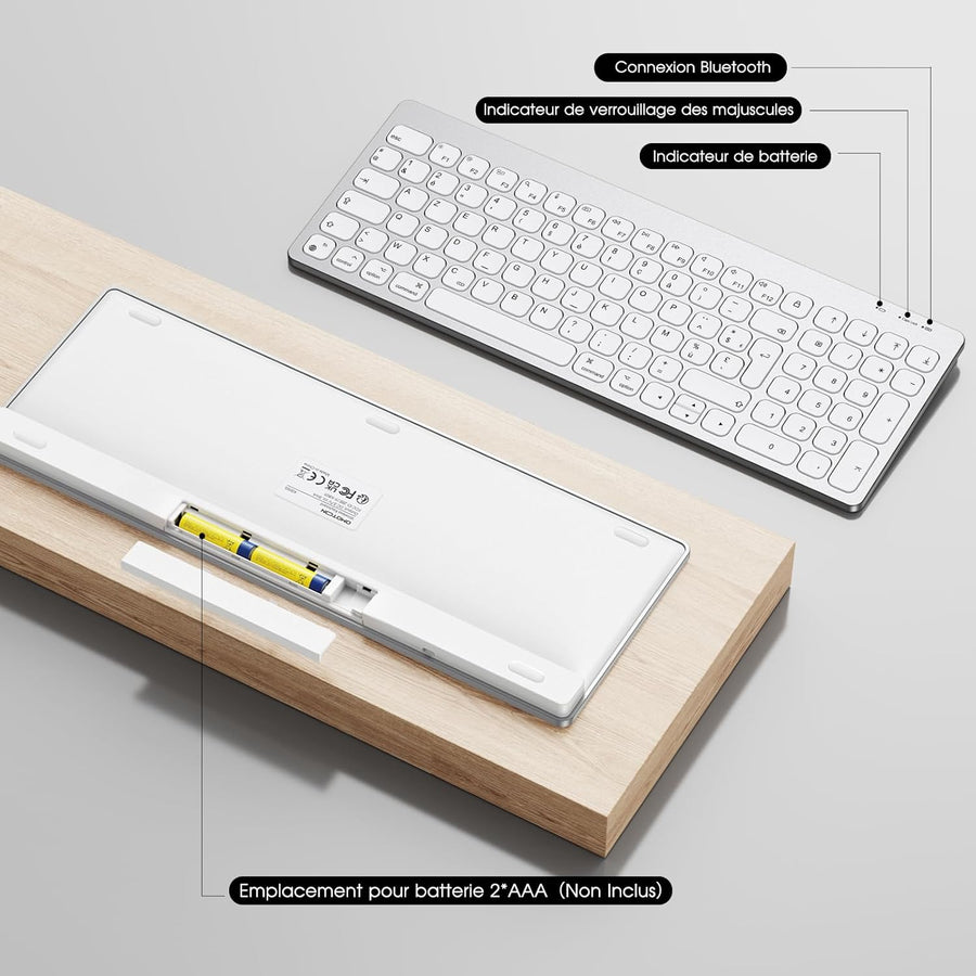 Clavier Bluetooth pour Mac OS, OMOTON Clavier sans Fil pour Apple MacBook Pro/Air, iMac, iMac Pro, Mac Mini/Pro, Clavier Silencieux Alimenté par AAA Piles, AZERTY