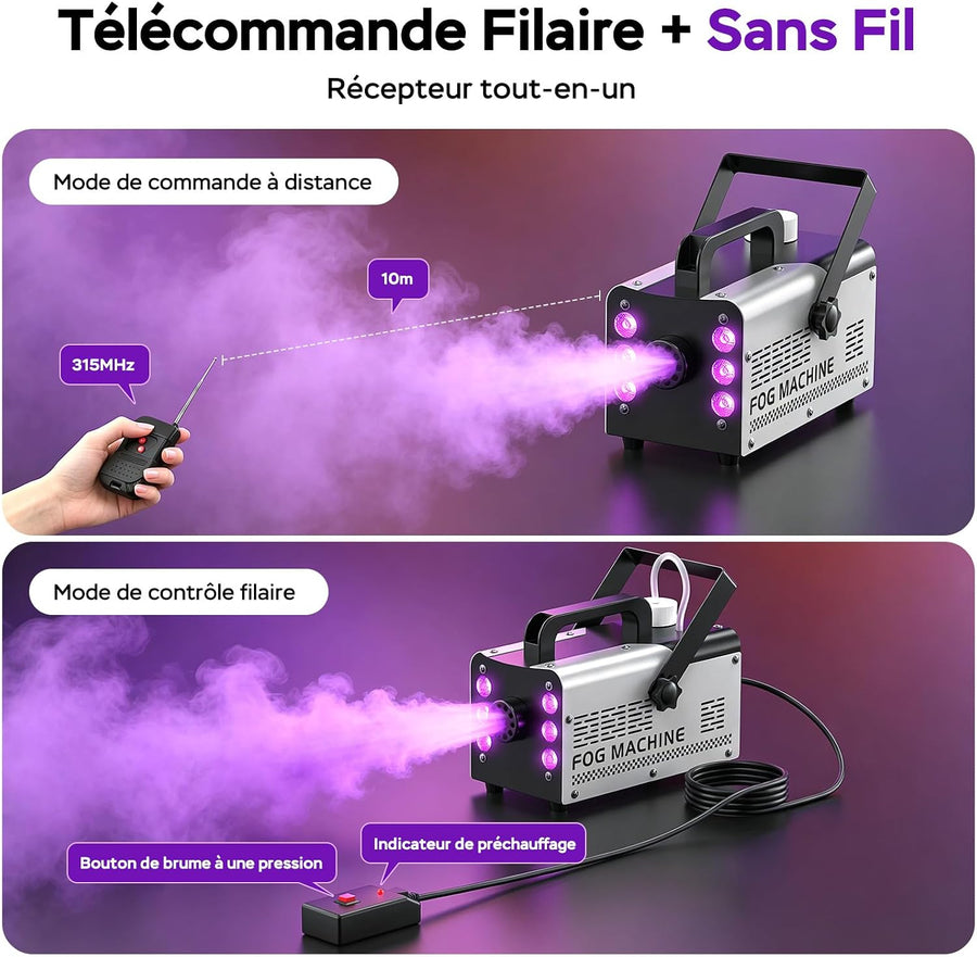 Machine à Fumée Mini Machine à Brouillard avec 6 LED Lumières Contrôlables en Couleur, 400 W avec télécommande, DJ Mariage Halloween Fête et Spectacle Noël Contrôle double mode