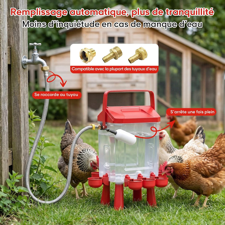 Abreuvoir Poules Automatique 10 litres avec Pieds, 8 Bols, Flotteur Filtré Contrôlé