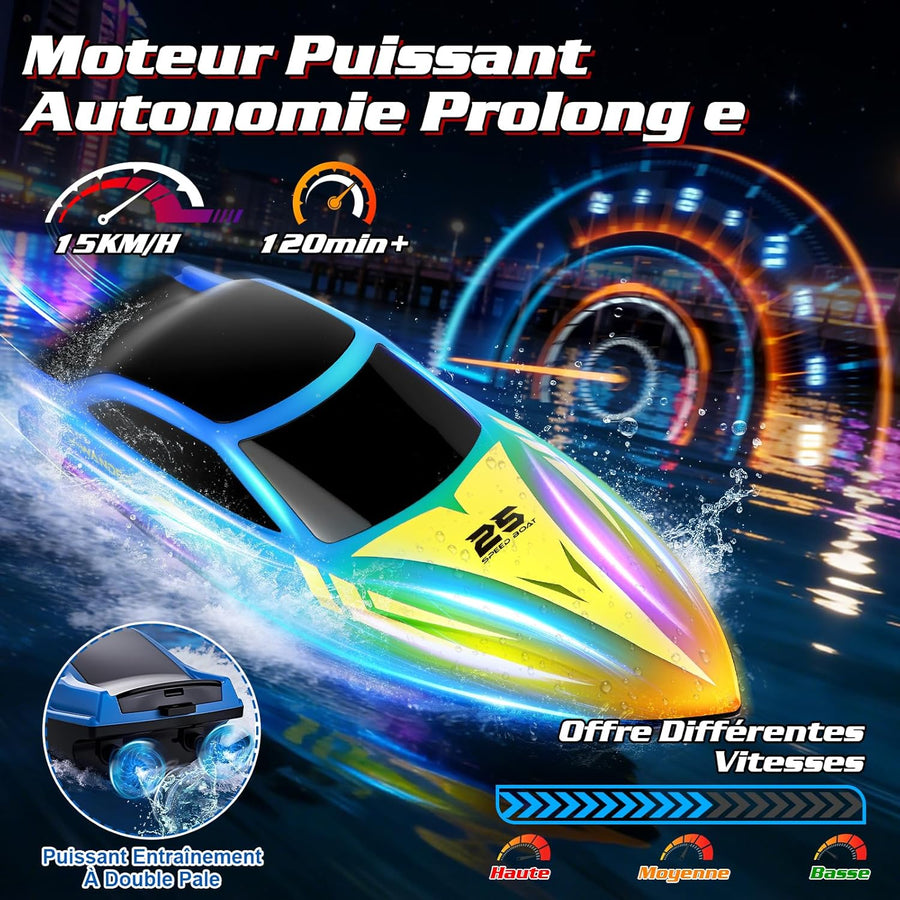 Bateau Télécommandé, 15km/h Bateau RC avec 7 Modes Lumières LED, 2.4GHZ Bateau Telecommandé Enfant pour Piscine et Lacs, Speedboat De Course RC autonomie 120 Minutes