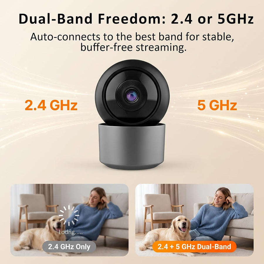 Caméra Sécurité Intérieur — Babyphone Animal Bébé 3MP 1296p Panoramique WiFi Double Bande 2.4/5GHz, 6 LEDs IR Vision Nocturne, Audio Bidirectionnel, Détection Mouvement Son, Stockage SD/Cloud