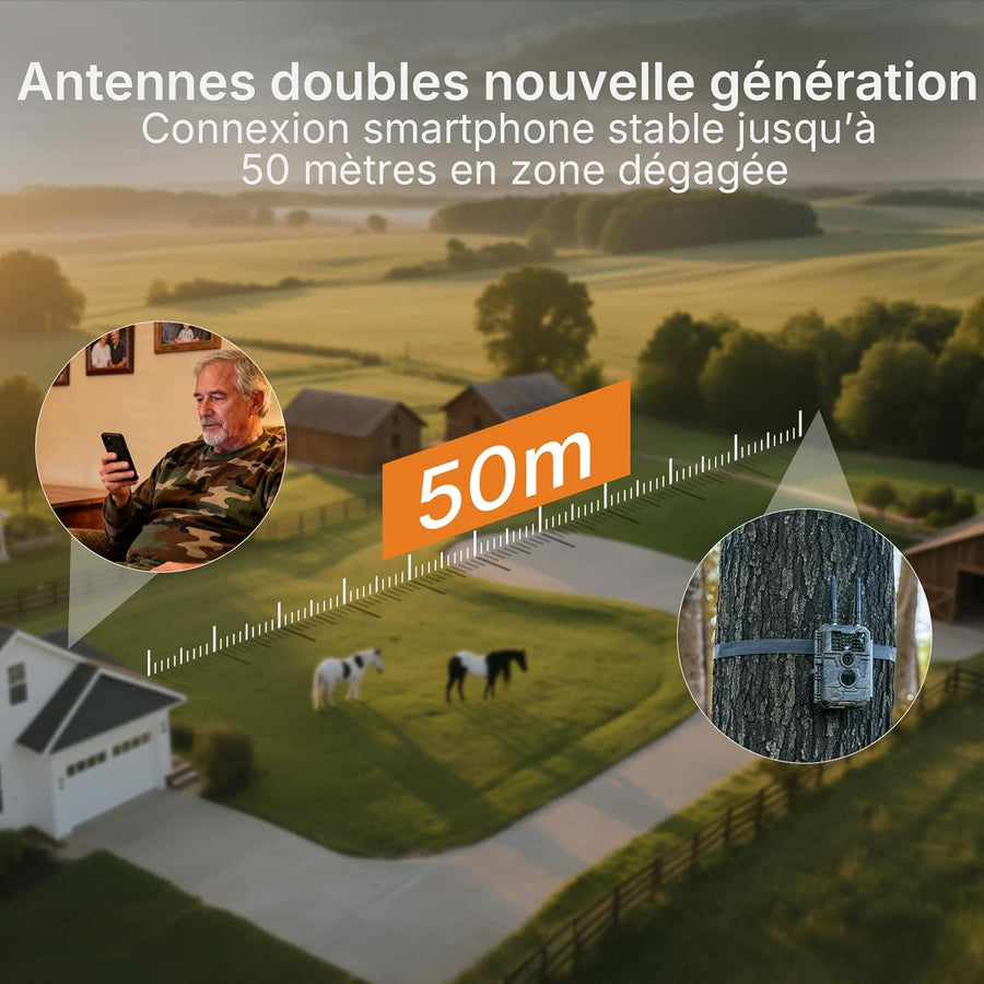 GardePro E6 2.0 Pro 4K Camera de Chasse WiFi, Batterie de 7800 mAh, Portée WiFi de 50 mètres, 64MP Caméra de Chasse Connectée Telephone, Camera Vision Nocturne Animaux Exterieur