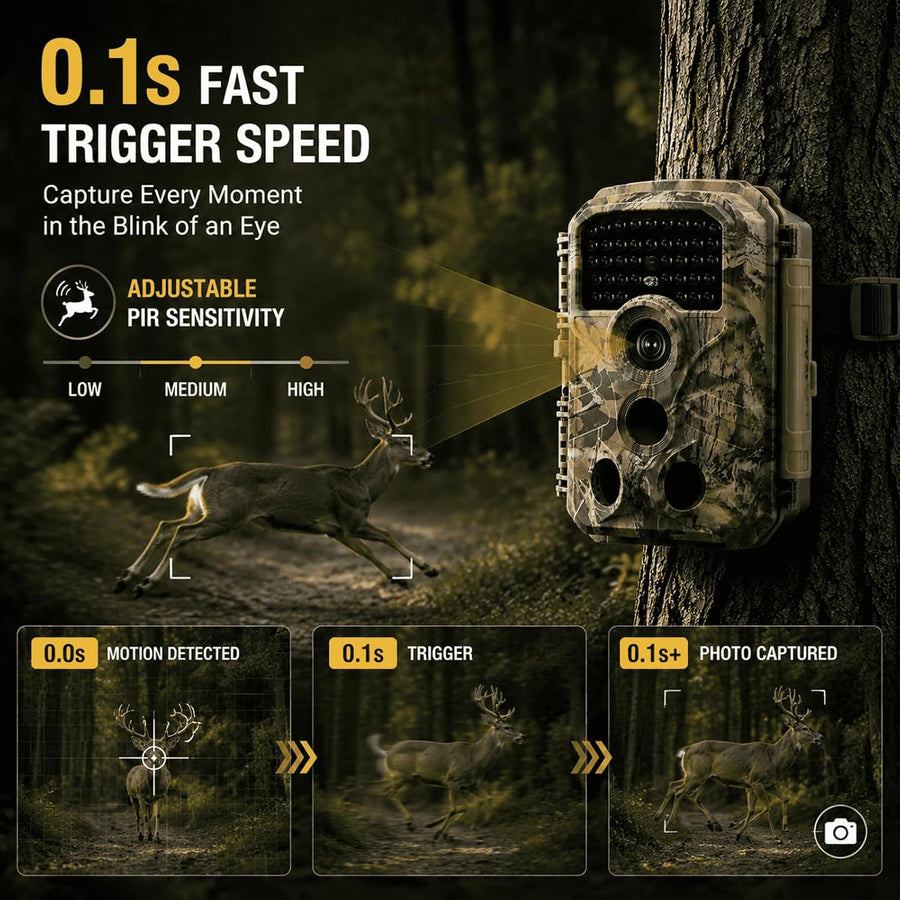 BlazeVideo T306 Caméra de chasse 64MP 4K - Temps de déclenchement de 0,1s PIR 120° Vision Nocturne IP66 étanche - Piège photo avec time-lapse & enregistrement en boucle pour chasse, observation