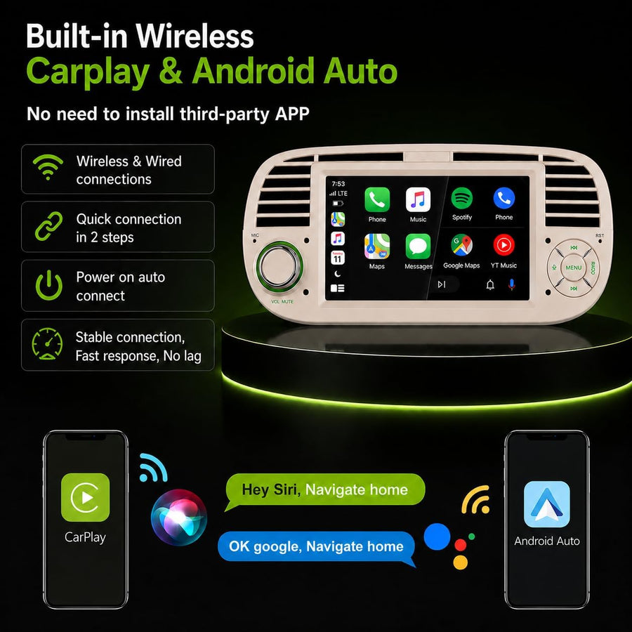 Autoradio pour Fiat 500 2013-2020,Linux,démarrage 2s,Écran Fiat 500 Compatible avec Le contrôle au Volant,CarPlay/Android Auto sans Fil,Radio RDS,DSP,4x45W,Bluetooth,Canbus,USB,1-DIN,Plug&Play-Beige