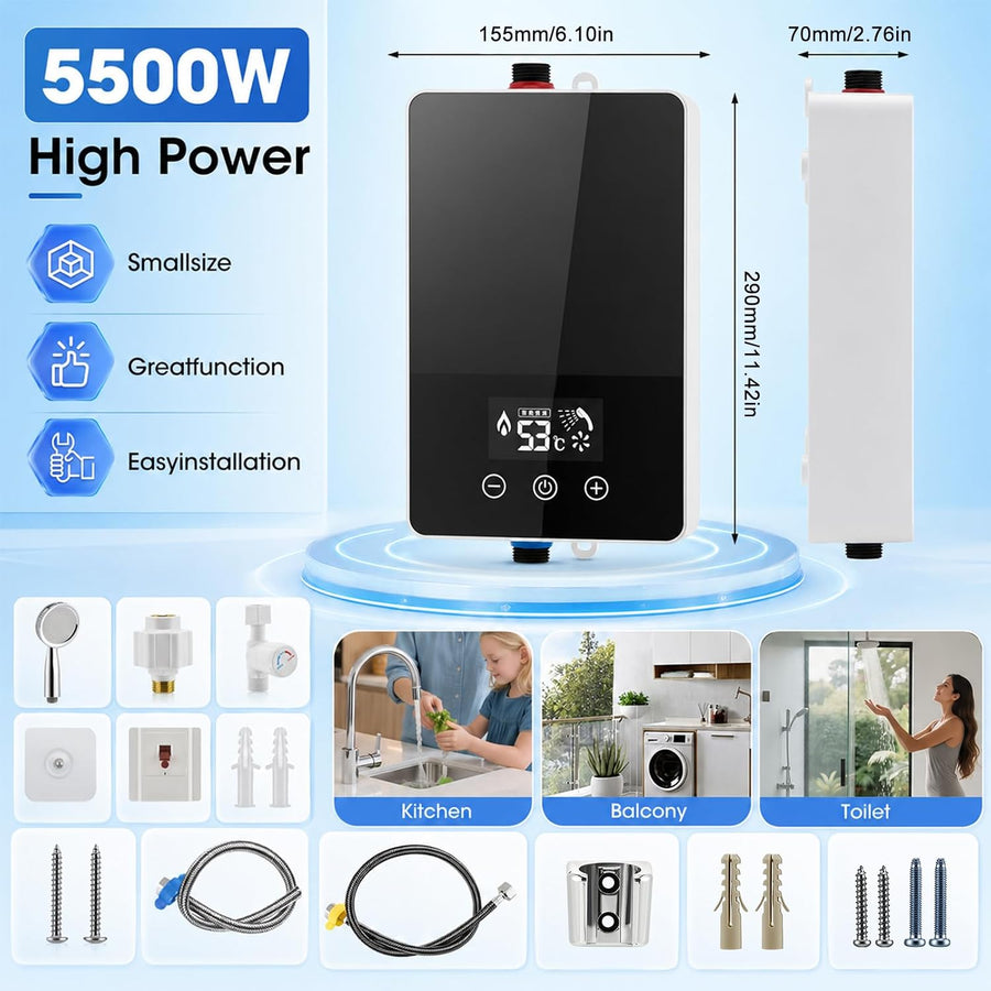 Chauffe-eau instantané 230V 5500W, pour douche et cuisine, avec kit douche complet, affichage LED et régulation électronique, Pour douche, cuisine et salle de bain