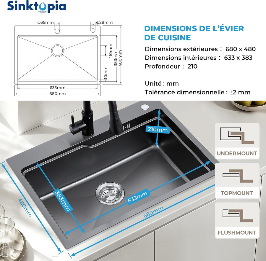 Évier Multifonction Inox Évier 1 Bac Grand Evier de Cuisine 68×48 cm Lavabo Cuisine avec Robinet Coulissant Résistant aux Rayures Vidange Rapide Avec Accessoires et Kit de tri des Déchets