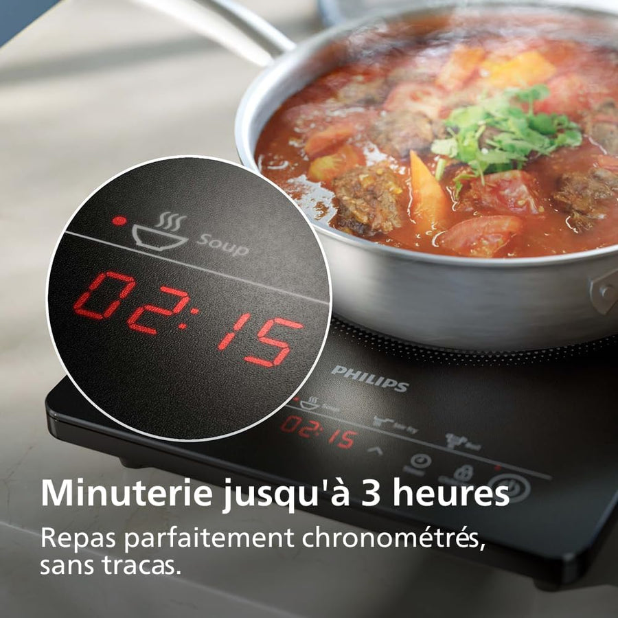 Philips Plaque à induction Série 3000 - Plaque électrique portable, 8 niveaux de chauffe, 4 programmes de cuisson, puissance élevée de 2000W, avec arrêt automatique, Écran tactile (HD5830/90)