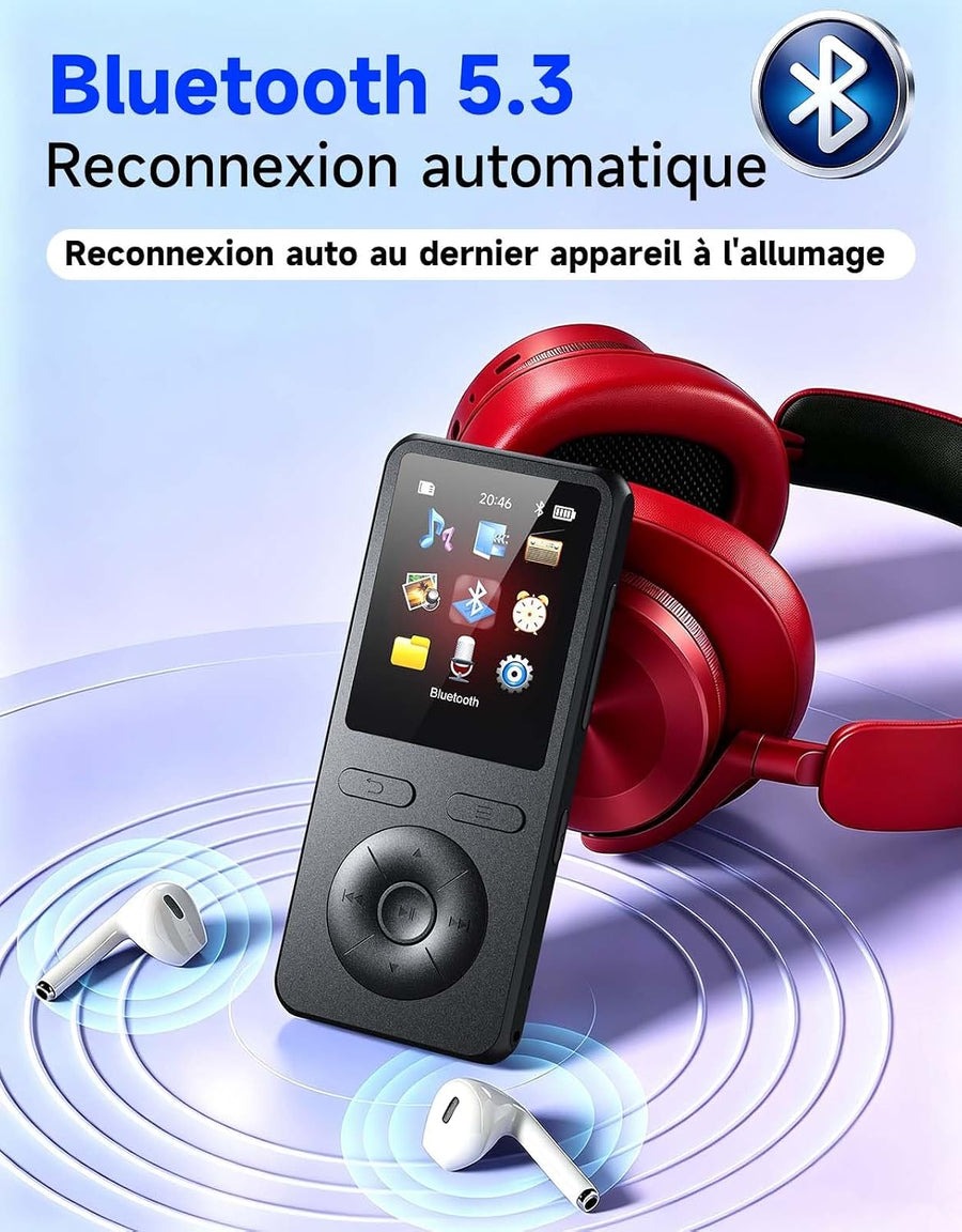Lecteur MP3 64Go avec Bluetooth 5.3, Haut-Parleur intégré, Bouton Physique lecteur de musique portable, qualité sonore HiFi, fonction d'enregistrement radio FM,Carte mémoire extensible jusqu'à 128 Go