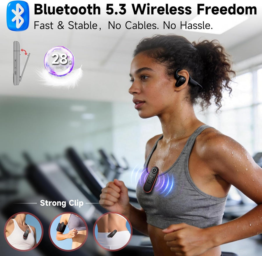 Lecteur MP3 64Go Bluetooth 5.3, Clé USB Plug & Play, Ultra-léger 28g, Boutons Physiques pour Utilisation à l'aveugle, Clip Sport pour Course à Pied, Lecture par Dossier, Radio FM, Enregistreur Vocal