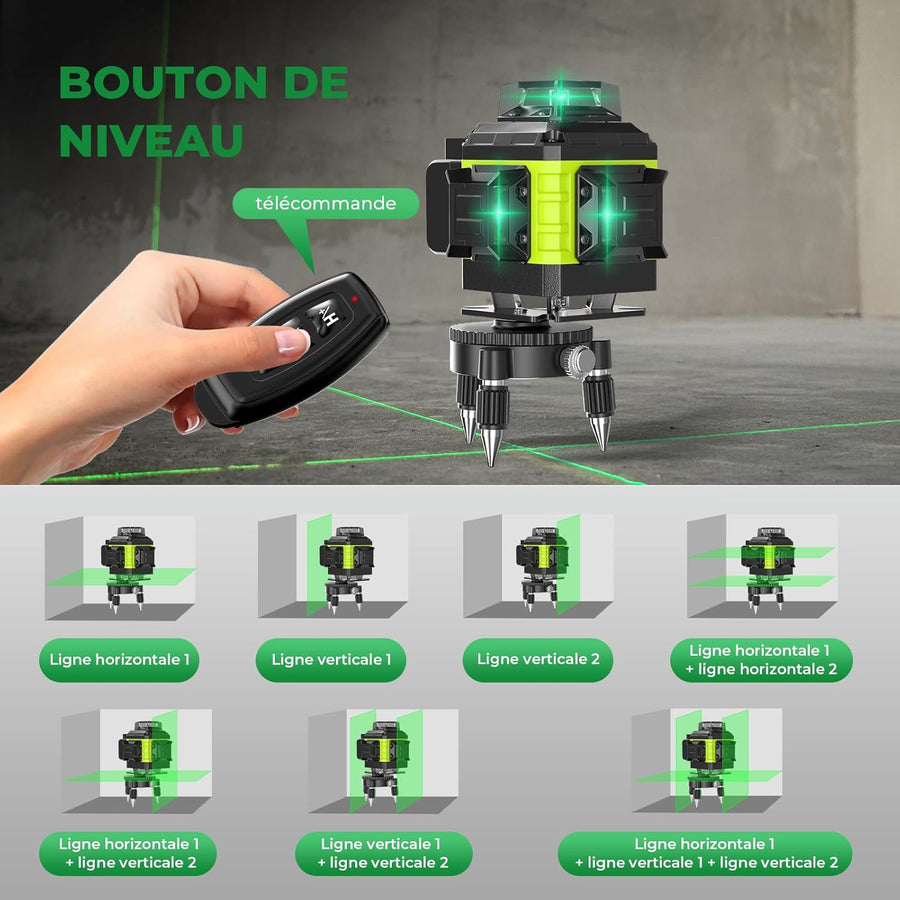 Niveau Laser Chantier Autonivelant 360° x 4, Lazer Niveaux 4D 16 Lignes Laser, Autonivellement et Mode Pulsé Extérieur, 2 x Batterie, Nivellement Automatique, Support Rotatif, Télécommande
