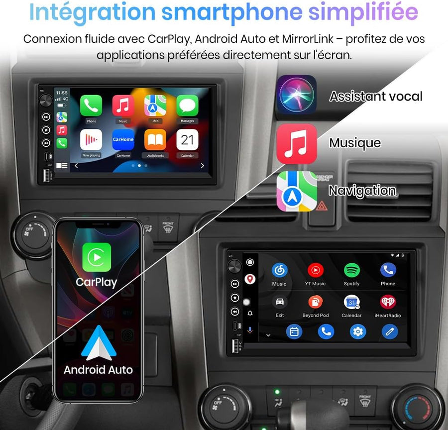 Autoradio 2 DIN Universel avec CarPlay & Android Auto sans Fil Bluetooth, GPS, FM, USB, Type-C, Commandes au Volant, Écran Tactile