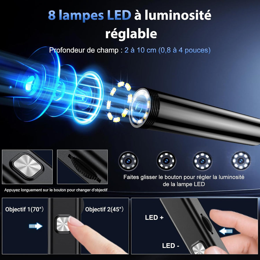Caméra endoscopique avec éclairage – Endoscope HD 1920p équipé de 8 LED réglables, étanche IP67, caméra d'inspection Compatible Android et iOS/iPhone, Endoscope avec caméra Semi-Rigide -5M