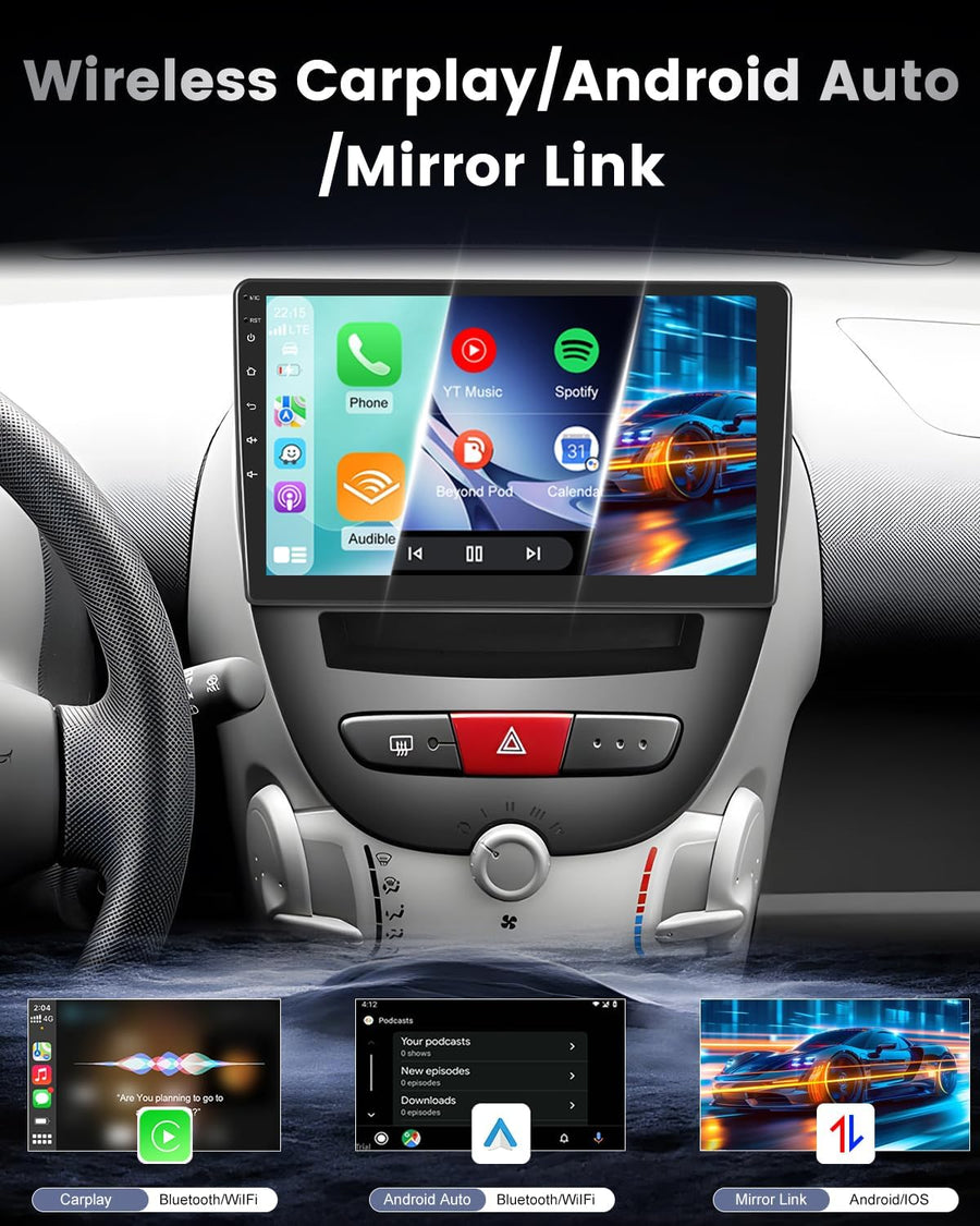 Autoradio 2+64 Go pour Peugeot 107 / Citroën C1 / Toyota Aygo (2004-2014). Compatible CarPlay, Android Auto, vidéo en ligne, navigation GPS et commandes au volant. 40 thèmes d'interface
