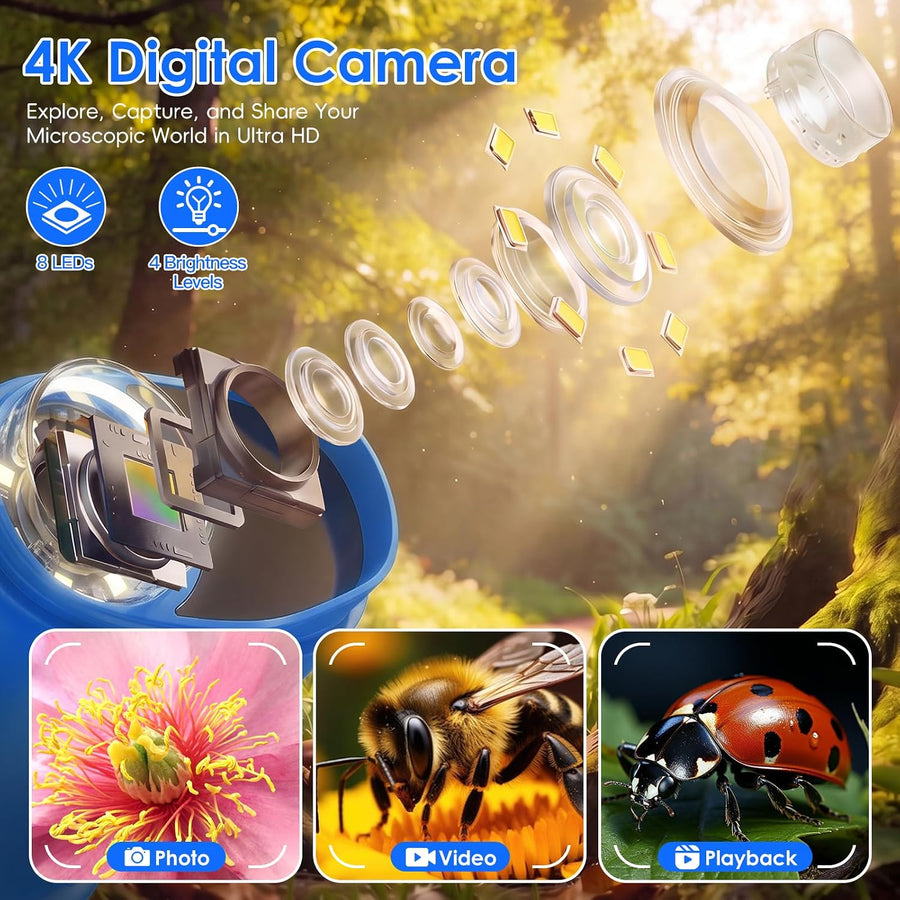 Microscope Enfant Portable 1000X – Microscope Numérique avec Écran IPS 2 Pouces et 8 LED, Fonction Photo & Vidéo, Jouet Scientifique BLEU